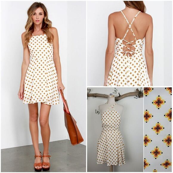 Lulus Dresses & Skirts - Bloom of Youth Ivory Print Skater Dress lace up